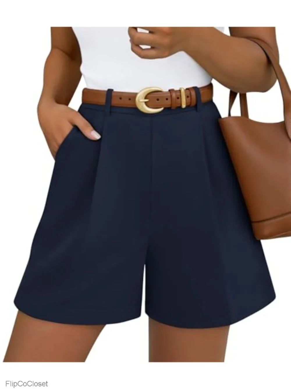 High Waisted Pleated Wide Leg Shorts with Pockets Business Casual